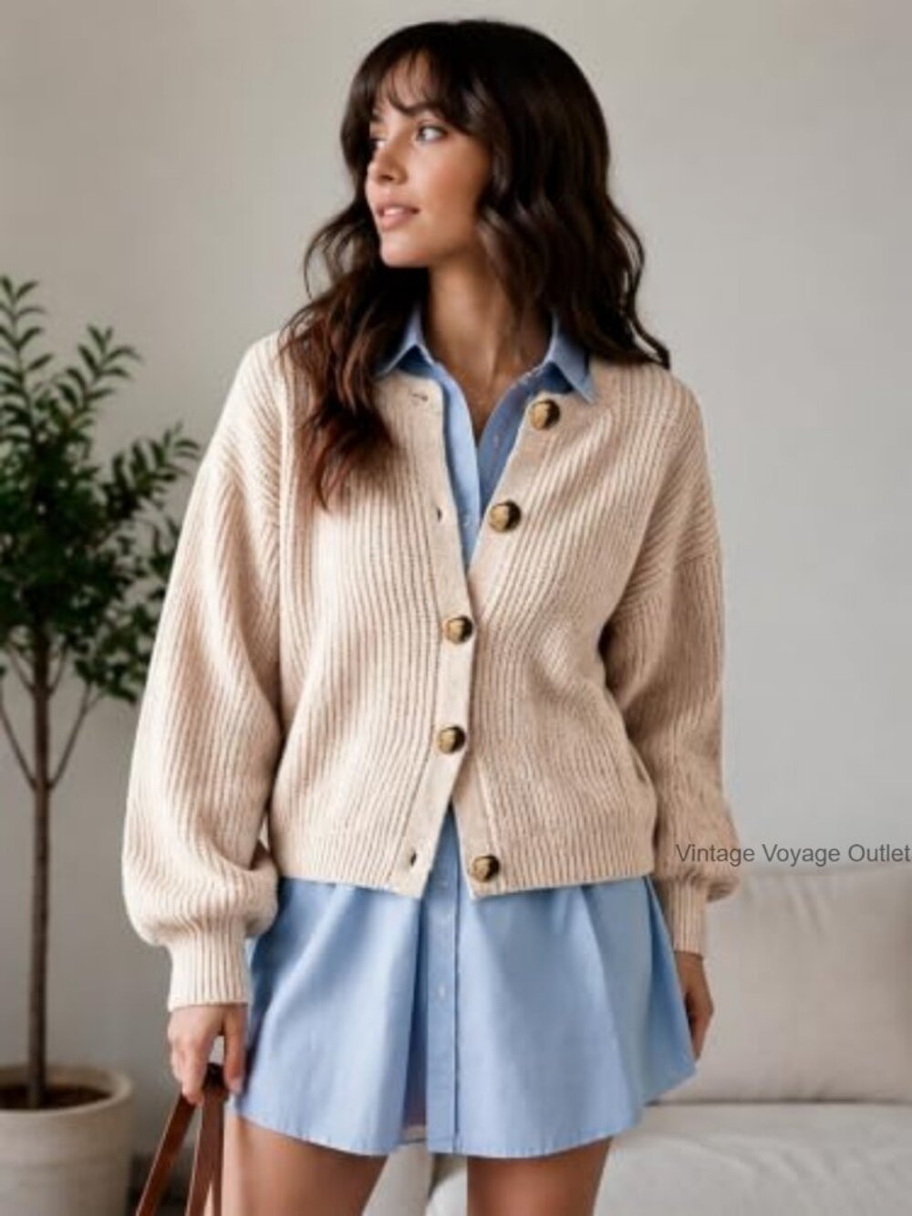 Chunky Knit Button Cardigan Cropped Loose Fit Sweater - Picture 6 of 6